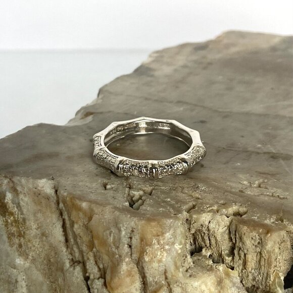 Sterling Silver 925 DBJ Bamboo Style Single Diamond Band Ring Sz 6.75 - Picture 5 of 16